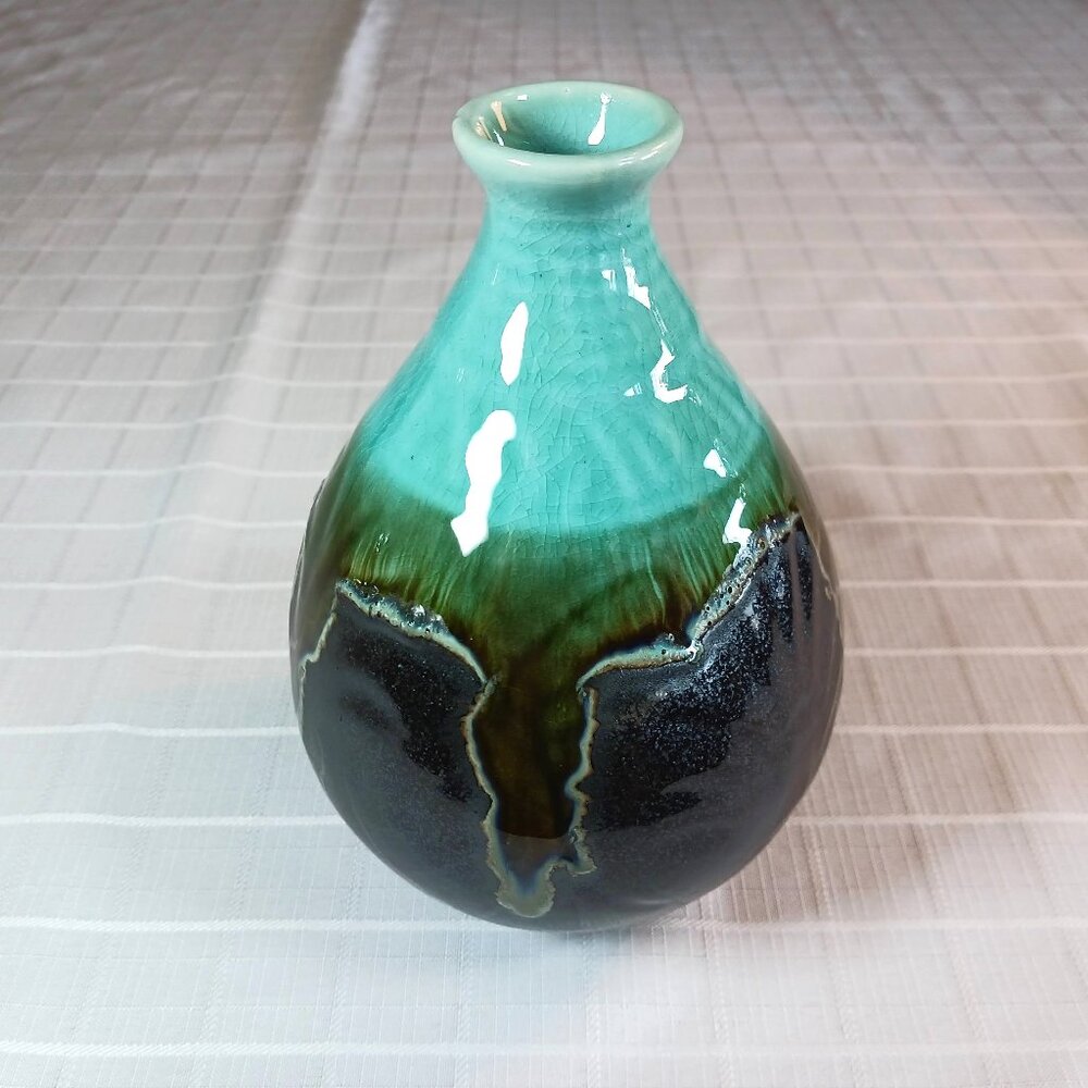 Beautiful Ceramic Drip Glazed  Bud Vase Teal to Brown